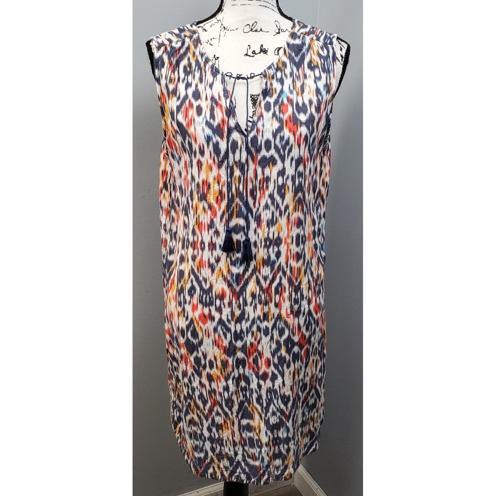 Beach Lunch Lounge Shift Dress Women's Large Multi Geo Print Sleeveless Tie Neck